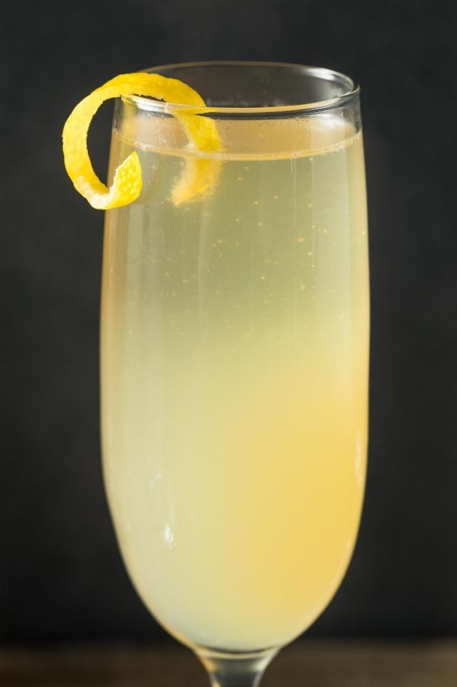 Drink Closeup View of a French 75 Cocktail with Lemon Peel