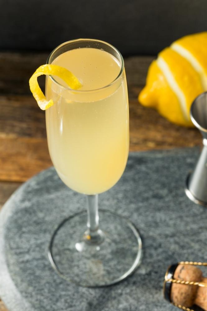 Top View of French 75 Drink Cocktail with Lemon and Gin