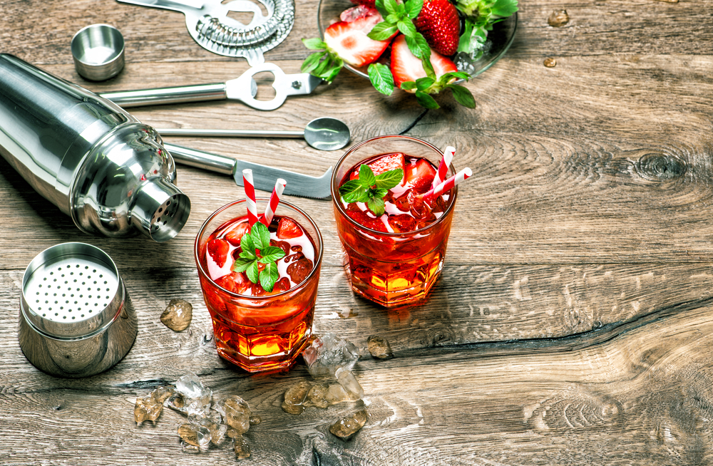 Strawberry Hennessy Cocktails with Mint Cocktail Shaker and bar tools