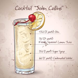 Cocktail John Collins with club Soda, Lemon Juice, Gin, ice cubes, cocktail cherry