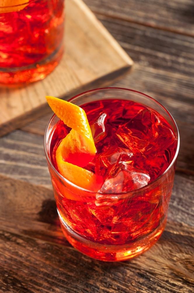 Looking Down on Negroni Cocktail with Ice and Orange