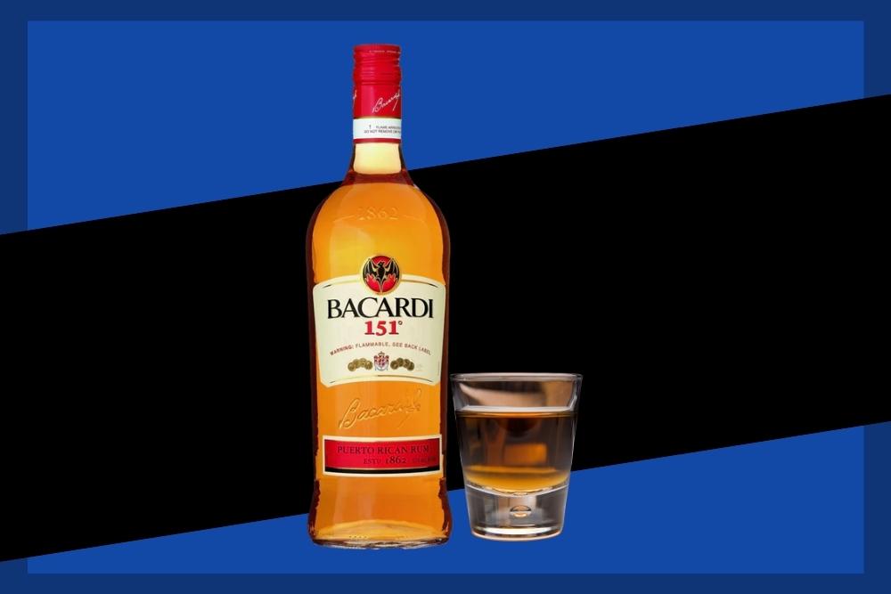 Bottle of Bacardi 151 Rum with Shot Glass