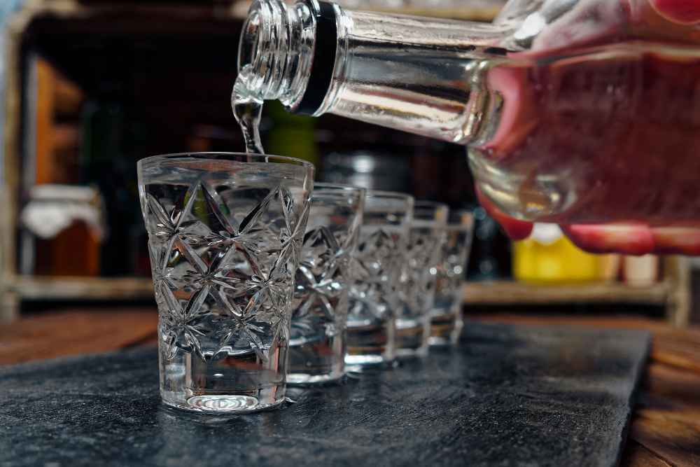 Pouring Vodka Liquor Out of Handle Bottle into Shot Glasses