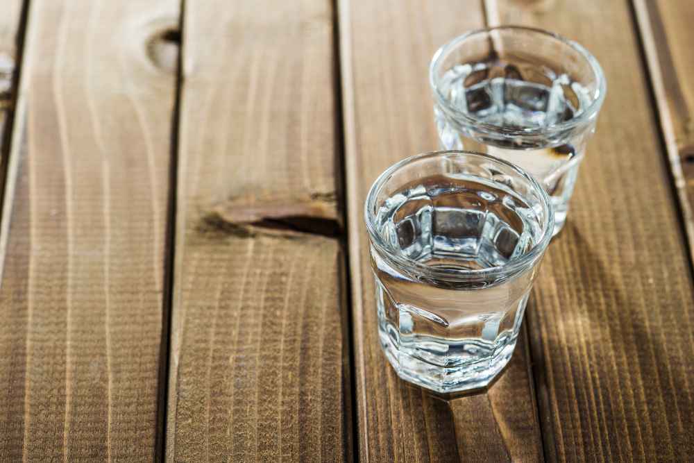 Two Shot Glasses with Vodka Spirit On Wood Floor